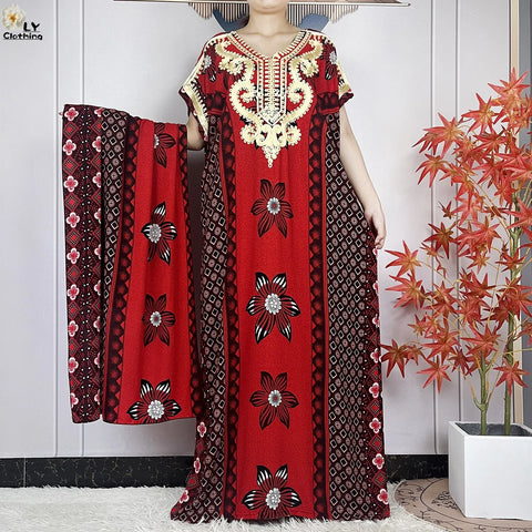 Image of Women Floral Dress African Dashiki Kaftan Short Sleeve Women Casual Hijab Dress-FrenzyAfricanFashion.com