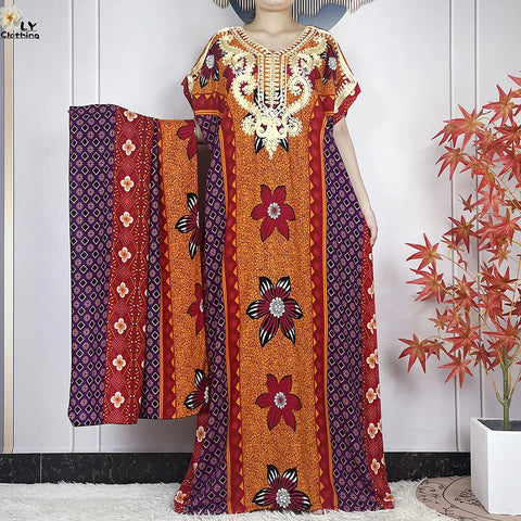 Image of Women Floral Dress African Dashiki Kaftan Short Sleeve Women Casual Hijab Dress-FrenzyAfricanFashion.com