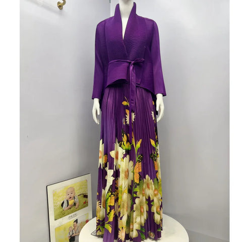 Image of Fashion Print Pleated 2 Piece Set Women Belt Loose Tops + High Waist A-line Long Skirts-FrenzyAfricanFashion.com