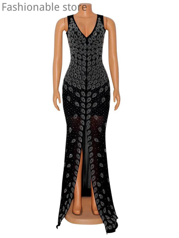 Image of Women Sexy V-Neck Sheer Mesh Rhinestone Decor Tight Mermaid Dress-FrenzyAfricanFashion.com