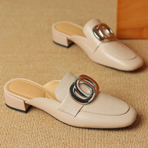 Image of Plus size 34-41 women's genuine leather square toe slip-on flats summer mules metal buckle decoration casual female sandals shoe-FrenzyAfricanFashion.com