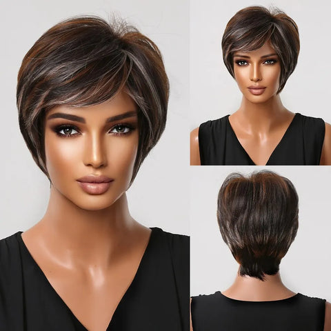 Image of Pixie Cut Wigs for Women Natural Synthetic Short Black Layered Hair Wig with Fluffy Bangs Afro Daily Heat Resistant-FrenzyAfricanFashion.com