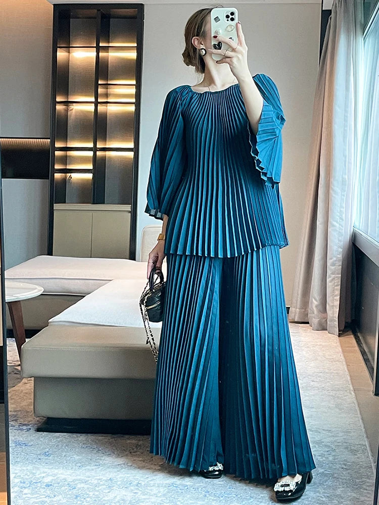 Elegant Pleated Set Women Loose Flare Sleeves Fold Blouse Wide Leg Pants-FrenzyAfricanFashion.com