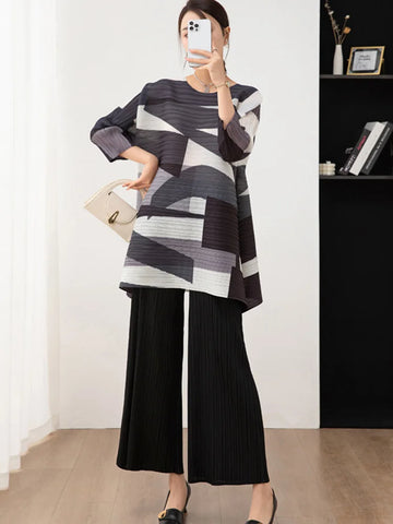 Image of 2 Pieces Sets For Women Loose Long Color Block Shirt With Wide Leg Pants Female Fashion Clothing-FrenzyAfricanFashion.com