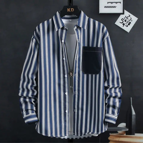 Image of Thin Spring Summer Autumn Men's Clothing Button Turn-down Collar Striped Man Fashion Casual Loose Office Handsome Pockets Shirts-FrenzyAfricanFashion.com