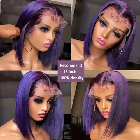 Image of Short Bob Wig 180% Dark Purple Lace Front Human Hair Wigs For Women 13x4 Lace Frontal Wig Colored Straight Bob Lace Front Wigs-FrenzyAfricanFashion.com