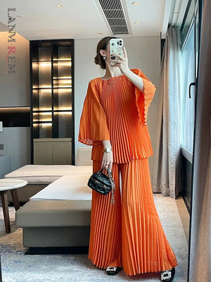 Elegant Pleated Set Women Loose Flare Sleeves Fold Blouse Wide Leg Pants-FrenzyAfricanFashion.com