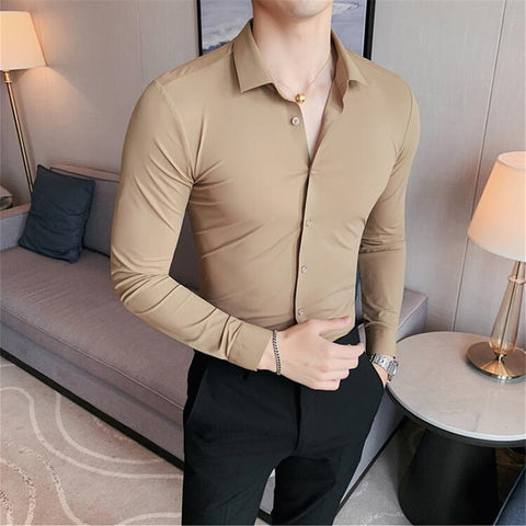 Image of Plus Size 4XL-M High Elasticity Seamless Shirts Men Long Sleeve Top Quality Slim Casual Luxury Shirt Social Formal Dress Shirts-FrenzyAfricanFashion.com