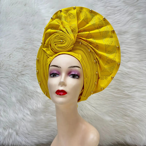 Image of Fahion High Quality Nigerian Gele Headtie Aso Oke Gele Already Made Auto Gele Aso Ebi Headtie African Turban with Bead Z1113-1-FrenzyAfricanFashion.com