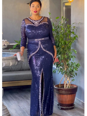 Plus Size African Party Dresses for Women Dashiki Ankara Sequin Wedding Evening Gown Sexy Bodycon Maxi Robe Africa Clothing 2024-FrenzyAfricanFashion.com