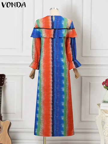 Image of VONDA Elegant Maxi Dress 2023 Women Long Sleeve Ruffled Sundress Fashion Vintage Printed Loose Robe Casual Bohemian Vestidos-FrenzyAfricanFashion.com