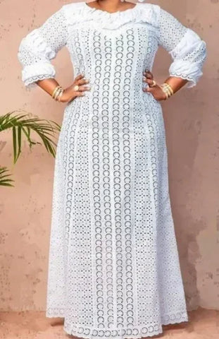 Image of White Lace Dresses for Women Wedding Guests Elegant Turn Down Collar Puff Sleeves Pleated Hem Midi Dress Luxury Occasion Clothes-FrenzyAfricanFashion.com