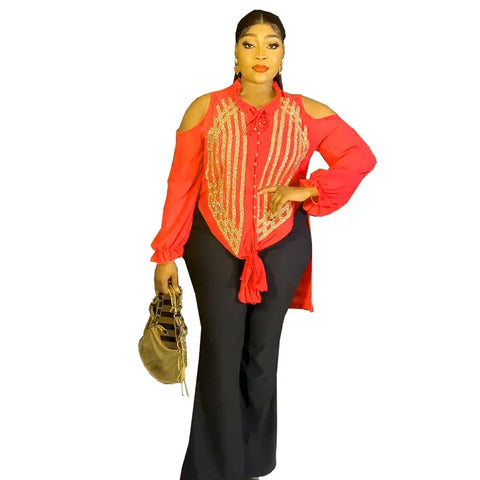 Image of Casual Pant Sets 2 Piece Women Long Sleeve Sequins Blouses Tops And Straight Pants Suits Outfits Two Piece Matching Set Outfit-FrenzyAfricanFashion.com