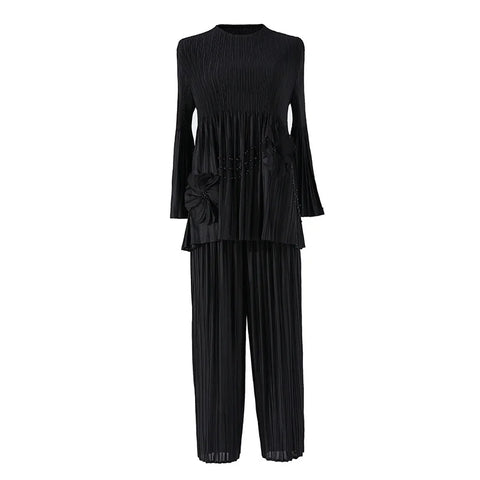 Image of Pleated 2 Pieces Set Women's Spliced Flower Round Neck Long Sleeves Tops High Waist Wide Leg Pants-FrenzyAfricanFashion.com