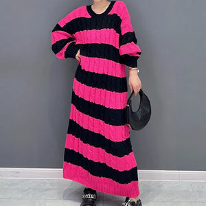 Striped Knit Dress For Women O-neck Full Sleeve Loose-FrenzyAfricanFashion.com