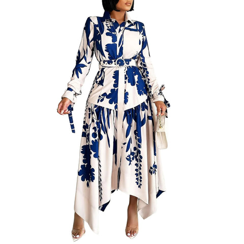 Image of Spring Casual Printed Irregular Maxi Dress Women Printing Button Party Evening Holidays Long Dress with Belt Women-FrenzyAfricanFashion.com