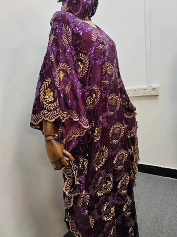 Image of New Fashion Africa Clothing For Woman Dashiki Velvet Fabric Sequin Lace Loose Long Dresses High Quality Free Size Whit Scarf-FrenzyAfricanFashion.com