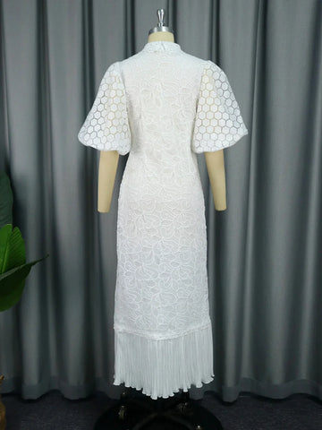 Image of White Lace Dresses for Women Wedding Guests Elegant Turn Down Collar Puff Sleeves Pleated Hem Midi Dress Luxury Occasion Clothes-FrenzyAfricanFashion.com