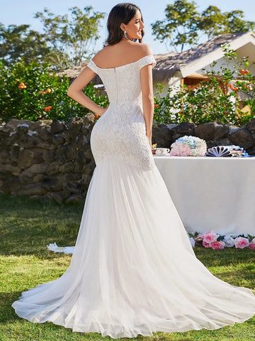 Image of Elegant Wedding Dresses Off Shoulder Sleeveless Floor Length-FrenzyAfricanFashion.com