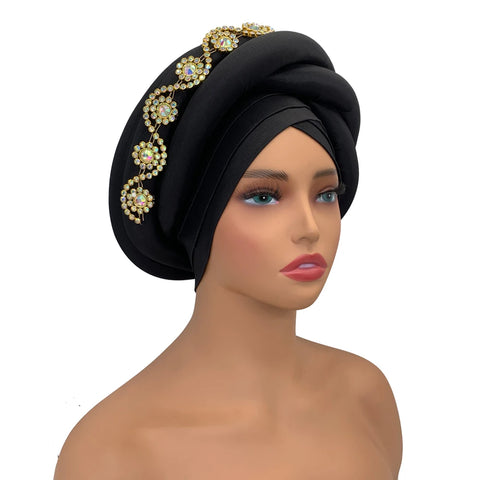 Image of Twisted Braid Turban Cap for Women African Lady Head Wraps Diamonds Nigeria Raw Silk Autogele Headtie Muslim Hat Party Headwear-FrenzyAfricanFashion.com