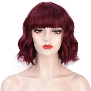 Women Wigs Curly Short Bob with Bangs Wine Red Heat Resistant-FrenzyAfricanFashion.com