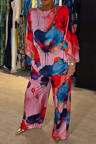 Image of Conjuntos Para Mujeres 2 Piezas Women Printed Satin Two-piece Set, 3/4 Sleeve Round Neck Pants, Summer Fashion,pant Sets-FrenzyAfricanFashion.com