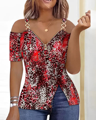 Image of Fashion Y2K Women&#39;s Top 2023 Summer Casual Rhinestone Decoration Zipper Details Split Bottom Cold Shoulder Basic Women&#39;s T-Shirt-FrenzyAfricanFashion.com