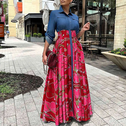 Image of Autumn Winte Dresses Printing Red Blue Long Dress Maxi Dress-FrenzyAfricanFashion.com