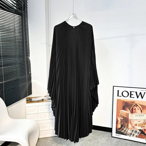 Image of Solid Batwing Sleeve Pleated Dress Loose Irregular Clothing Spring Autumn-FrenzyAfricanFashion.com