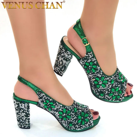 Image of Venus Chan Nigerian Green Color Women's Party High Heel Shoes Full Diamond Design Fashion Summer Sandals Wedding Ladies Shoes-FrenzyAfricanFashion.com