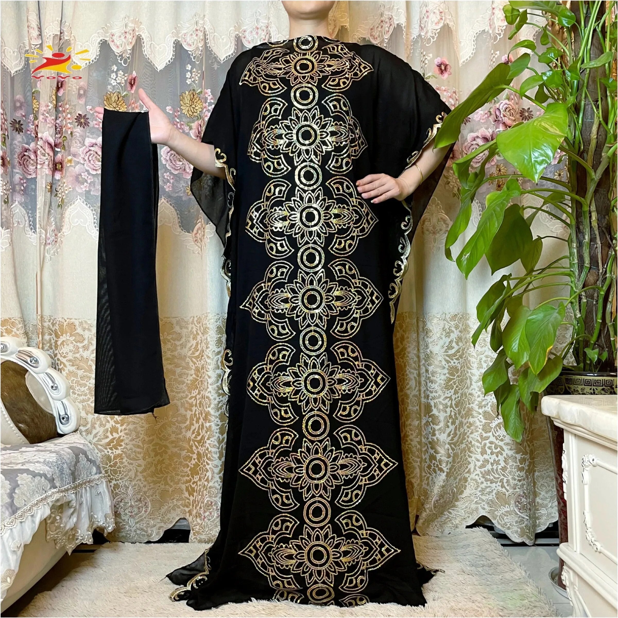 Women Abaya African Embroidery Flower Dress With Scarf-FrenzyAfricanFashion.com