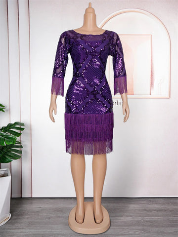 Image of Elegant Sequin Dresses For Women African Clothing Wedding Party Evening Gown Dashiki Tassel Bodycon Robe Dubai Turkey Dress-FrenzyAfricanFashion.com