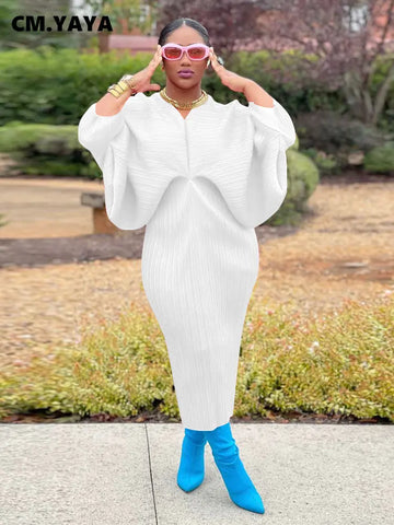 Image of Women Pleated Batwing Long Sleeve V-neck Slim Maxi Long Dress Ruched Dresses-FrenzyAfricanFashion.com