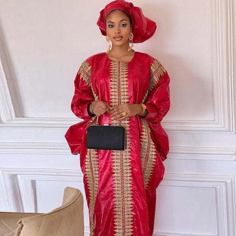 Image of Red Boubou Wedding Dashiki With Gold Embroidery Gown-FrenzyAfricanFashion.com