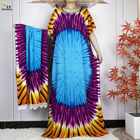 Image of Women Short Sleeve Cotton Loose Femme Robe Dresses With Big Scarf-FrenzyAfricanFashion.com