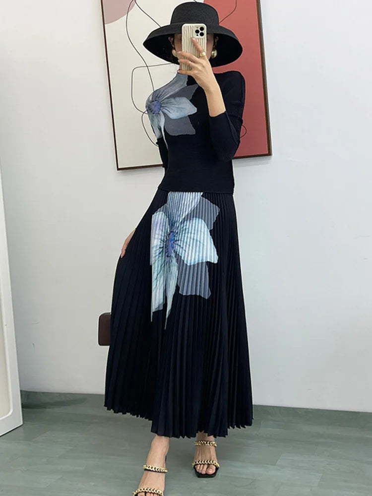 Elegant Fashion Printed Pleated 2 Pieces Set Women Turtleneck Slim Tops With High Waist Mid Length Skirts-FrenzyAfricanFashion.com