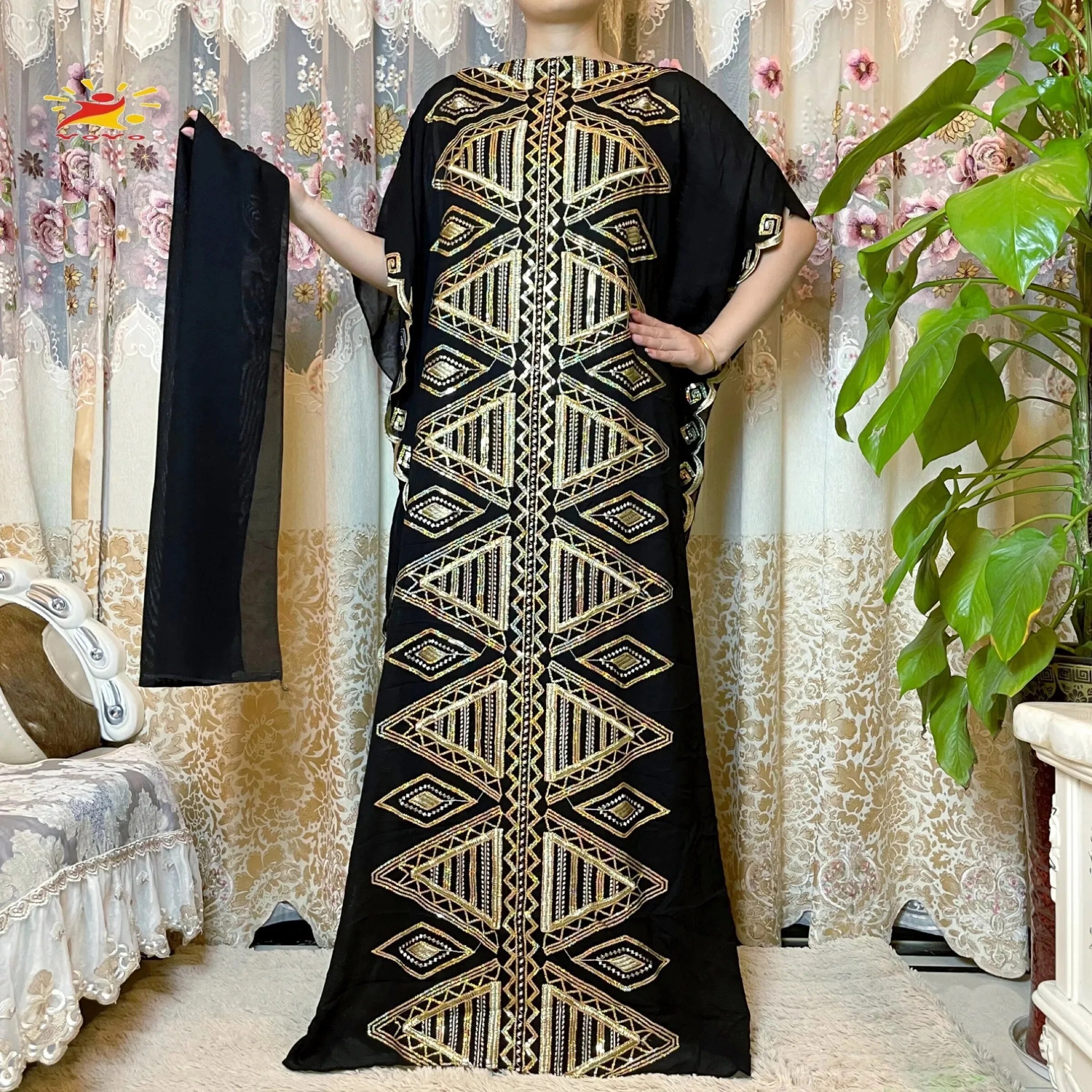 Women Abaya African Embroidery Flower Dress With Scarf-FrenzyAfricanFashion.com