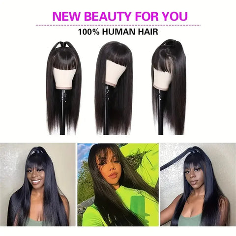 Image of Silky Wig Human Hair Full Machine Made Straight 100% Human Hair Wigs With Bangs For Women Brazilian Cheap Wig On Sale Clearance-FrenzyAfricanFashion.com