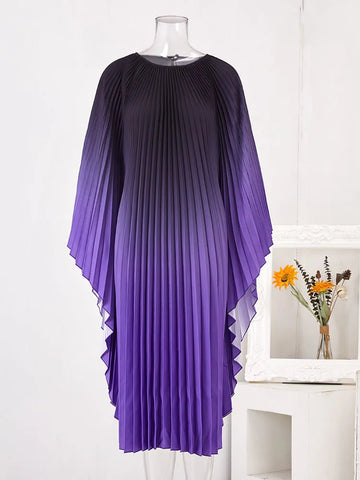 Image of Pleated Gradient Belt Dress For Women Round Neck Batwing Sleeves Fashion Dresses Female-FrenzyAfricanFashion.com