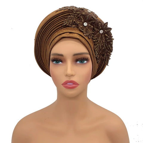 Image of Embroidery Flower African Autogele Headtie Women's Fashion Turban Cap Wedding Gele Party Headpiece Nigeria Female Head Wraps-FrenzyAfricanFashion.com