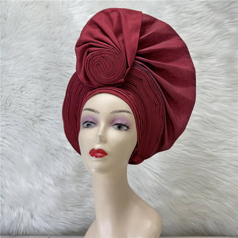 Image of Nigerian gel headgear, with stone bead, already made auto, turban, afro aso ebi gel aso oke, wide brim headgear 7L031502-FrenzyAfricanFashion.com