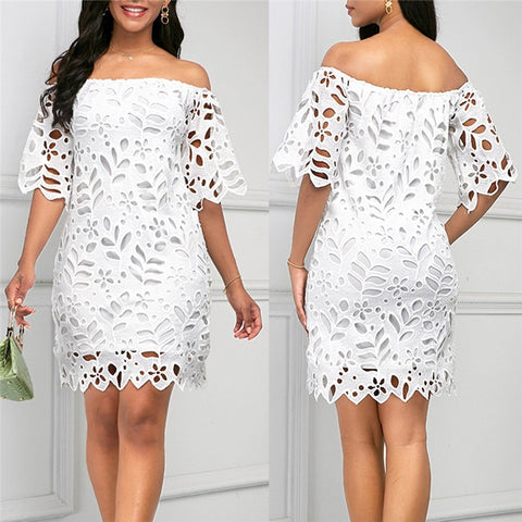 Image of Elegant Women Summer Solid Color Pencil Dress Hollow Out Design Lace Decor See Through Slash Neck Half Sleeve Slim Mini Dress-FrenzyAfricanFashion.com