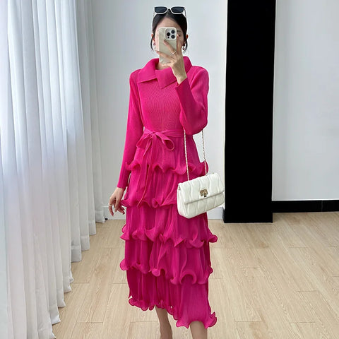 Image of Pleated Wood Ear Edge Maix Dress for Women's w Vintage Cake Skirt Spliced Lapel Mid Length Dress-FrenzyAfricanFashion.com