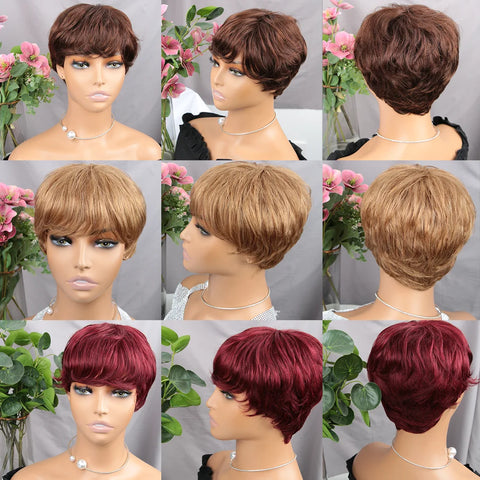 Image of Brown Short Pixie Cut Wig Human Hair For Black Women Machine Made Wigs With Bangs Colored Glueless Wig Human Hair Wigs-FrenzyAfricanFashion.com