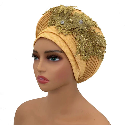 Image of Embroidery Flower African Autogele Headtie Women's Fashion Turban Cap Wedding Gele Party Headpiece Nigeria Female Head Wraps-FrenzyAfricanFashion.com