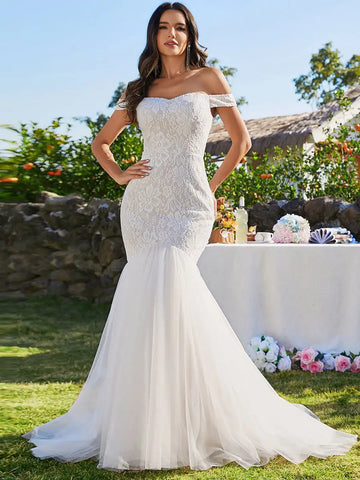 Image of Elegant Wedding Dresses Off Shoulder Sleeveless Floor Length-FrenzyAfricanFashion.com