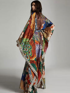 Autumn Bohemian Printed Belted Long Kimono Tunic Vintage Plus Size Clothes Women Batwing Sleeve Maxi Dresses-FrenzyAfricanFashion.com