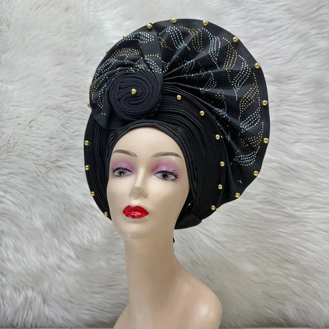 Image of Fahion High Quality Nigerian Gele Headtie Aso Oke Gele Already Made Auto Gele Aso Ebi Headtie African Turban with Bead Z1113-1-FrenzyAfricanFashion.com