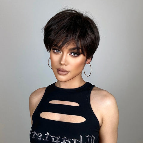 Image of Pixie Cut Wigs for Women Natural Synthetic Short Black Layered Hair Wig with Fluffy Bangs Afro Daily Heat Resistant-FrenzyAfricanFashion.com