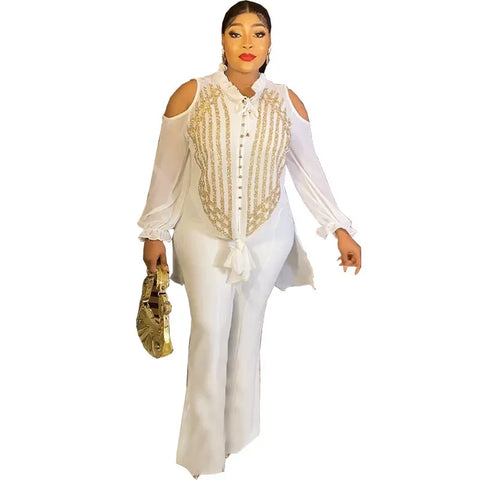 Image of Casual Pant Sets 2 Piece Women Long Sleeve Sequins Blouses Tops And Straight Pants Suits Outfits Two Piece Matching Set Outfit-FrenzyAfricanFashion.com